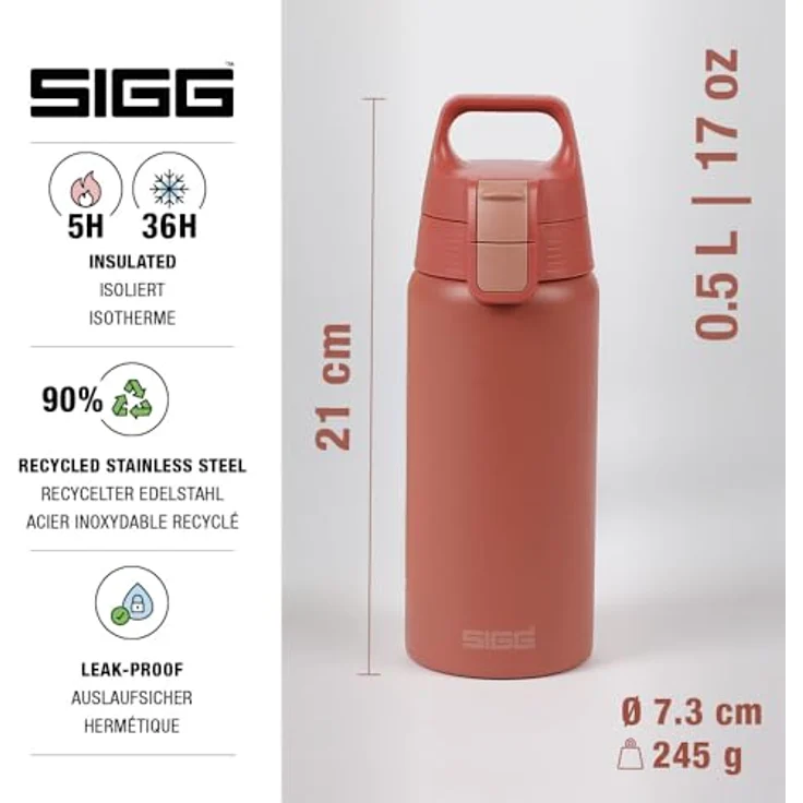 SIGG Shield Therm One, Isolierte Trinkflasche für kohlensäurehaltige Getränke, auslaufsicher, BPA-frei, 90% recycelter Edelstahl, rostrot, 0,5L – Bild 2