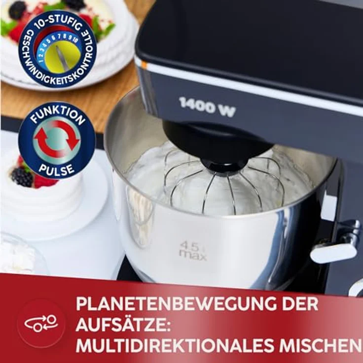 MPM Planetarische Küchenmaschine MRK-25, multifunktional mit 4,5 l Edelstahlschüssel, 1400 W, 2 Schüsseln, 3 austauschbare Rührbesen, spülmaschinenfest – Bild 2