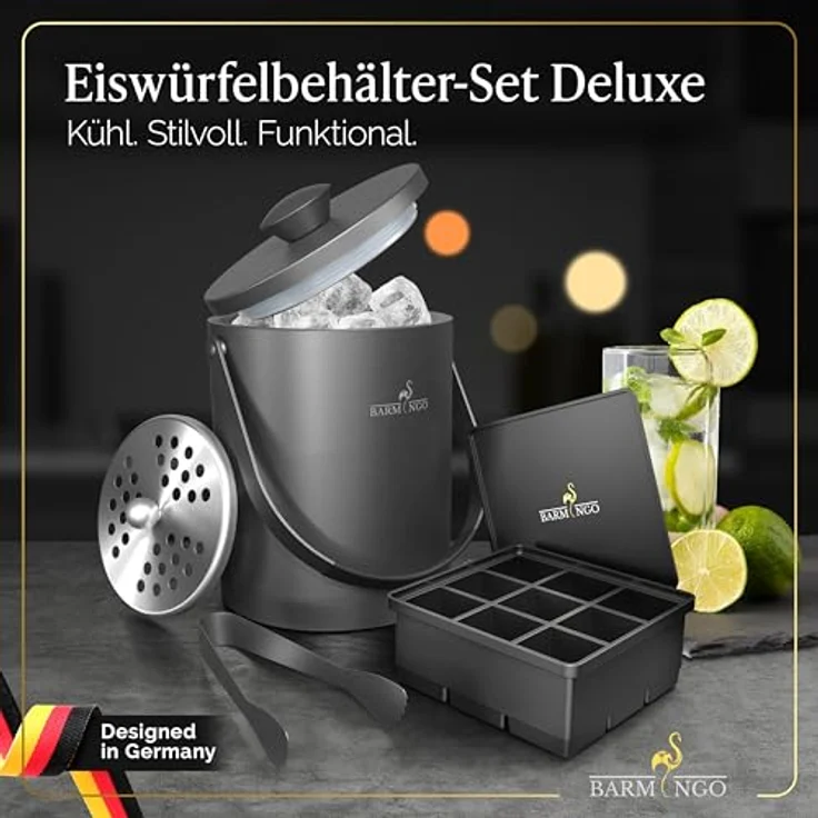 BARMINGO Edelstahl Eiswürfelbehälter mit Deckel, 2l doppelwandig isolierter Eiskübel mit Sieb, Eiswürfelform und Zange, BPA-frei, Metallic-Schwarz – Bild 2