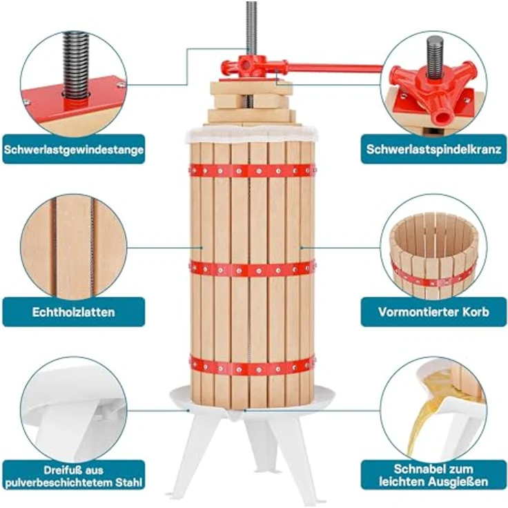 Wiltec 30L Obstpresse aus Buchenholz inkl. Presstuch, manuelle Weinpresse mit 285x581mm Korb, Apfelpresse Fruchtpresse für Obst Wein Maische, robuste (Rot-)Buchenholzkonstruktion – Bild 7