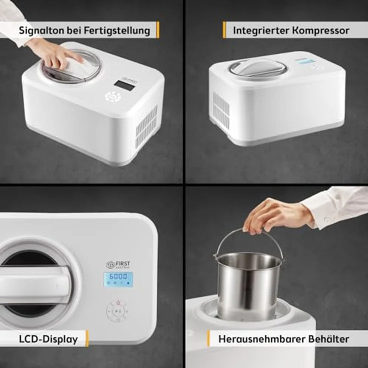 TZS First Austria Eismaschine 1.5L, Kompressor, Edelstahlbehälter, LCD-Display, Kühlhaltung, für Eiscreme & Joghurt, weiß – Bild 5