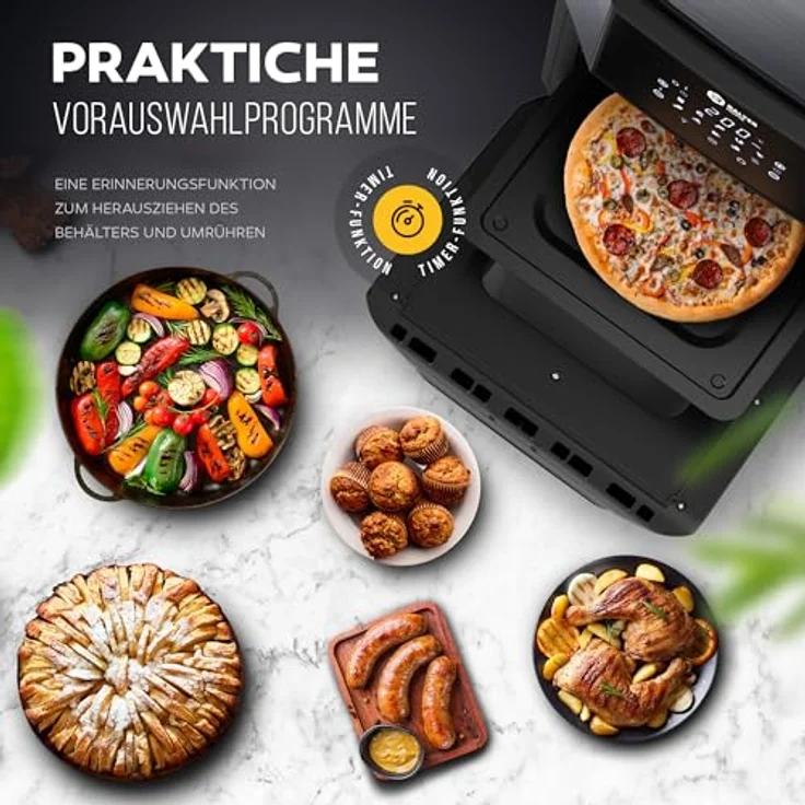 Balter Heißluftfritteuse HL-1200-BL, 12 Liter, Friteuse, LED Touchscreen, Dörrautomat, 1800W Heissluftfritteuse airfryer, 100 Rezepte auf Deutsch, Minibackofen,  in Schwarz – Bild 4