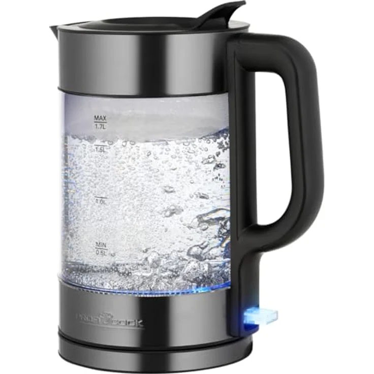 ProfiCook® Wasserkocher PC WK 1322, 1,7L, 2200W, Glas/Edelstahl, beleuchtet, BPA-frei, Einhandbedienung, 360° drehbarer Sockel, schwarz – Bild 1
