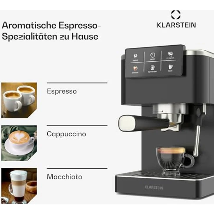 Klarstein SteelPresso Touch Siebträgermaschine – 20-Bar, 1350 W, Edelstahl, 1,5-L-Wassertank, Touch-Display, Integrierter Milchaufschäumer, Kompaktes Design, Kaffeemaschine – Bild 4