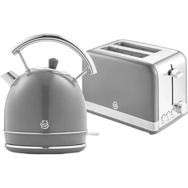 Swan Retro Frühstück Set, Wasserkocher mit 3000 W, 1,8 Liter, Grau