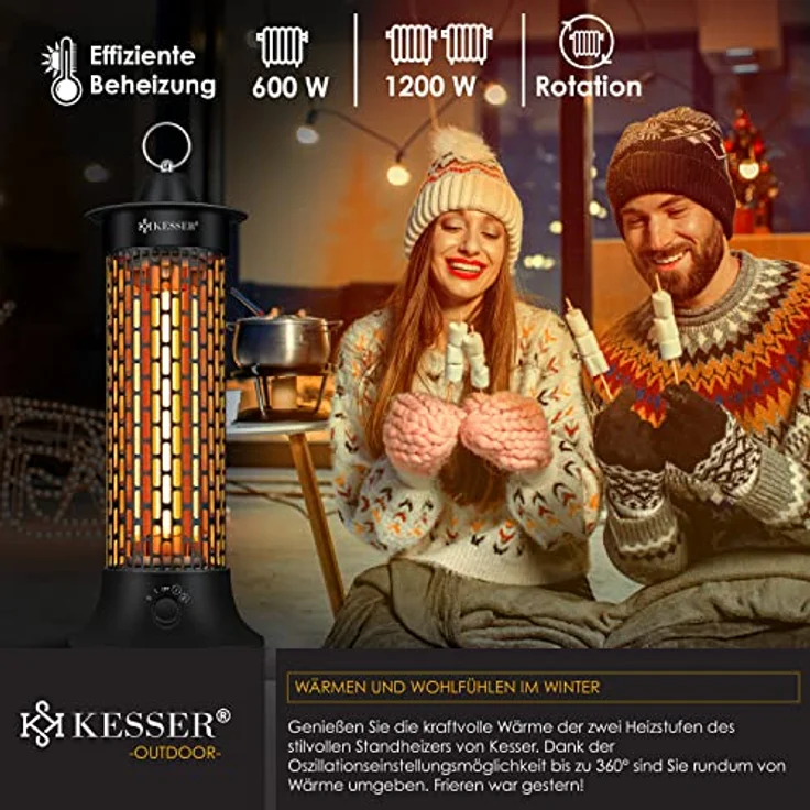 KESSER® Standheizstrahler Infrarotheizung, 1200W Heizstrahler Energieeffiziente Heizung Innenraum mit 360° Oszillation, Infrarotheizung Standgerät, Elektroheizung IP55, Terrassen-Heizstrahler, Schwarz – Bild 4