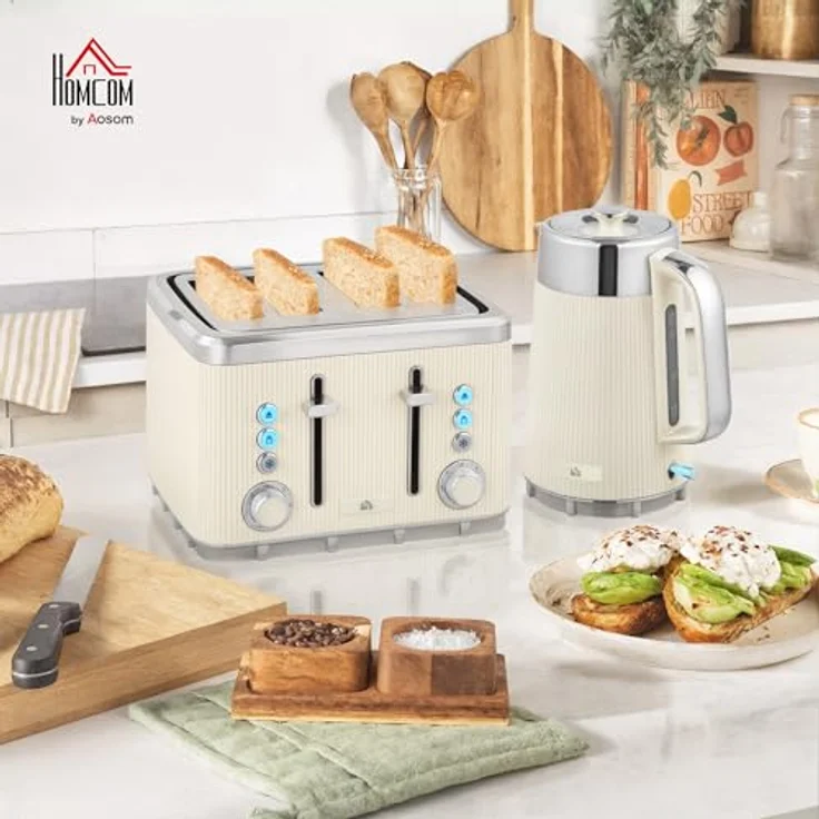HOMCOM Wasserkocher Toaster Set, 1,7L Wasserkocher mit Thermostat und 4-Scheiben-Toaster in Cremeweiß und Silber, 7 Bräunungsstufen, automatische Abschaltung – Bild 2
