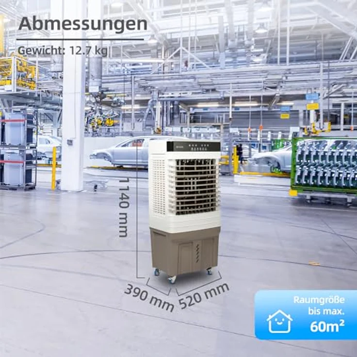 be cool Ventilatorkombigerät Mobiler Luftkühler 60 Liter, Wasserkühlung, 60L Wassertank, leistungsstark mit 150 Watt, für Räume bis zu 60m², mit 120° Schwenkfunktion, Touch-Bedienfeld und Fernbedienung, in Schwarz – Bild 7