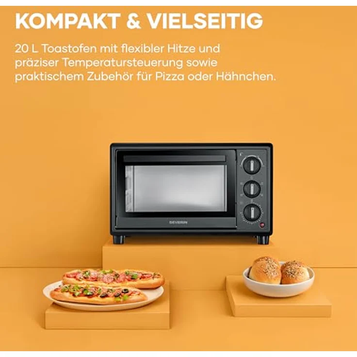 Severin Back- und Toastofen TO 2079, 20L, bis 230°C, Umluft-Funktion, inkl. Pizzastein, Drehspieß und Timer, schwarz – Bild 3