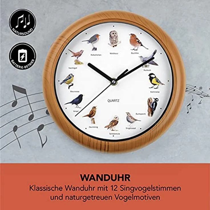 MAXXMEE Wanduhr mit Vogelstimmen, 12 Singvogelstimmen und fluoreszierenden Vogelmotiven, automatische Abschaltung zwischen 21 und 5 Uhr, 25 cm – Bild 3