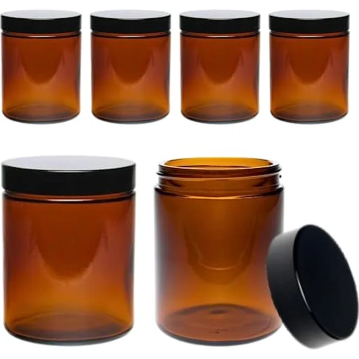 Viva Haushaltswaren 6 braune Glastiegel 180ml - Salbentiegel-Cremetiegel Gewürzgläser aus Braunglas inkl. Beschriftungsetiketten Glasdose, Glas, 6.6 x 6.6 x 8.1 cm, 6-Einheiten – Bild 2