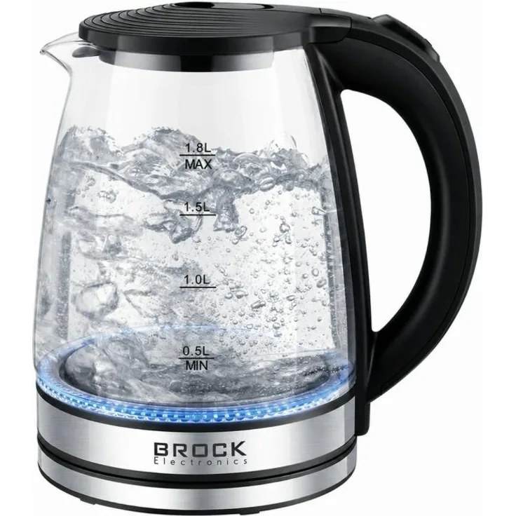 Brock WK 2404, Wasserkocher 1500 W, 1,8 l, Edelstahl schwarz, mit LED-Beleuchtung und verdecktem Heizelement