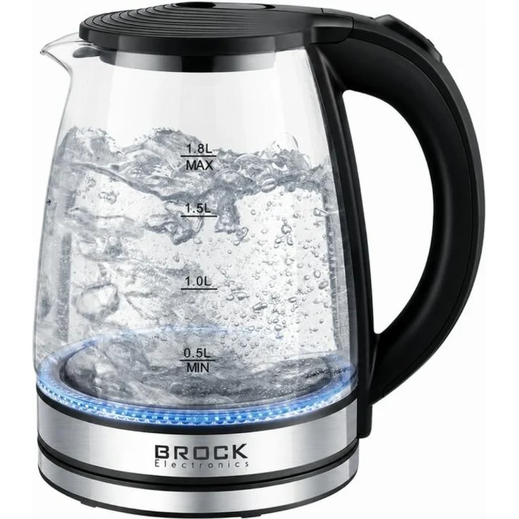 Brock WK 2404, Wasserkocher 1500 W, 1,8 l, Edelstahl schwarz, mit LED-Beleuchtung und verdecktem Heizelement