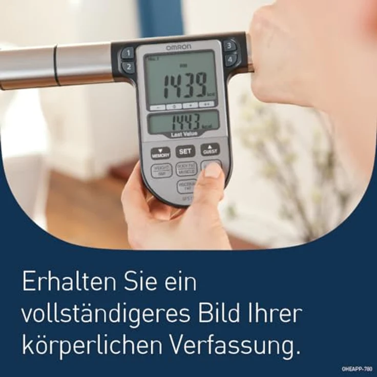 Omron Ganzkörperanalyse, Waage BF511 mit Hand, zu, Fuß, Messung, türkis, misst Körperfett, Gewicht, Viszeralfett, Skelettmuskelmasse, Kaloriengrundumsatz und BMI – Bild 2
