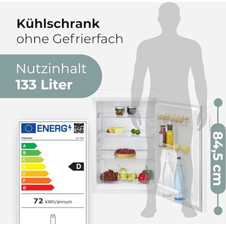 Clatronic VS 100, Kühlschrank ohne Gefrierfach, 133 Liter, leise 39dB, Temperaturbereich 0°C - 8°C, weiß – Bild 3