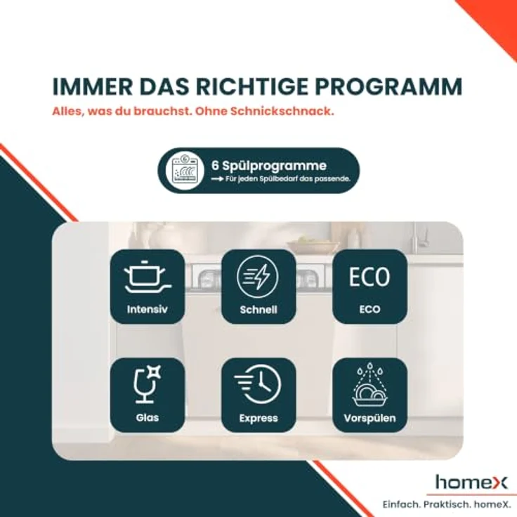homeX DWFI601449E Geschirrspüler vollintegriert, 60 cm, 14 Maßgedecke, 6 Programme, leise mit 49 dB, Energieeffizienzklasse E – Bild 8