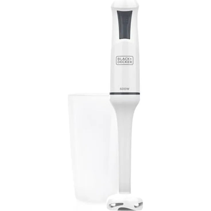 BLACK+DECKER BXHB500E Stabmixer, 600 W, kompaktes und ergonomisches Design, abnehmbarer Kunststofffuß, Spritzschutz, inklusive Messbecher, Weiß