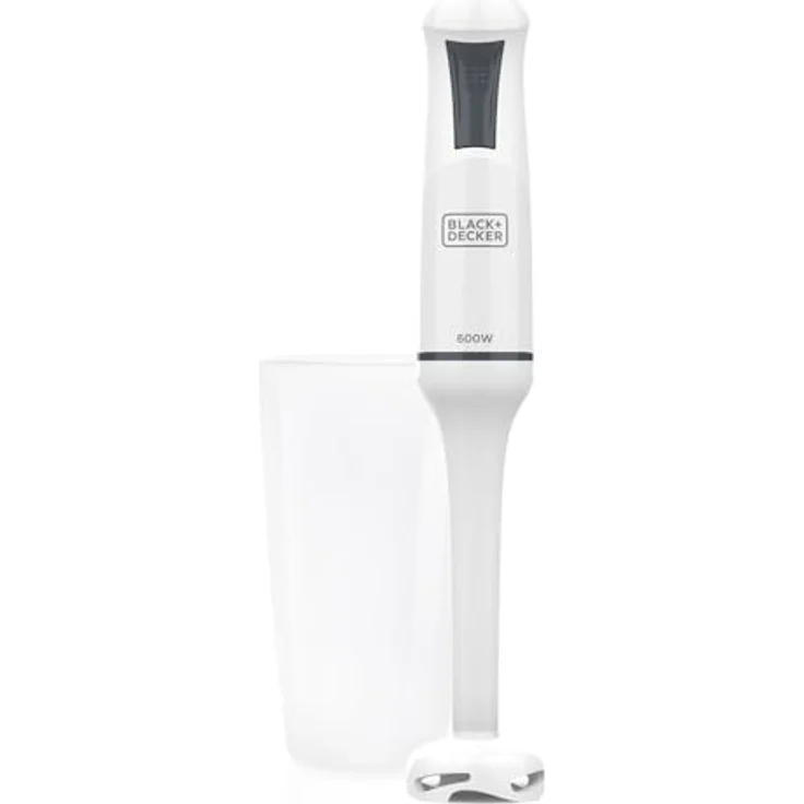 BLACK+DECKER BXHB500E Stabmixer, 600 W, kompaktes und ergonomisches Design, abnehmbarer Kunststofffuß, Spritzschutz, inklusive Messbecher, Weiß – Bild 1