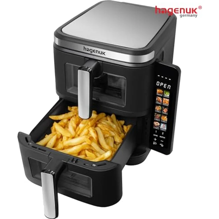 Hagenuk DUAL ZONE Heißluftfritteuse, 12 Liter, 2800 W, Digitales Farbdisplay, 10 Programme, Sichtfenster, Synchronisierungsfunktion – Bild 3