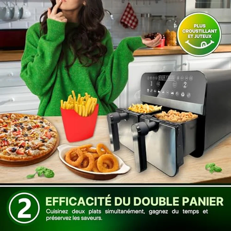 Comfy Nest CNAFD45NS digitale Doppelkorb-Luftfritteuse, 2400 W, 9 l, Edelstahl, 10 Kochfunktionen, Touch-Sensor-Steuerung, gesundes Kochen, silberfarben – Bild 5