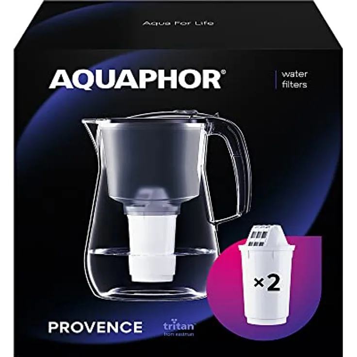 AQUAPHOR Wasserfilter Provence Schwarz inkl. 2 A5 Filter mit Magnesium I Karaffe für 4,2l I Großer WasserfiIter in Glasoptik I Reduziert Kalk & Chlor I Tischwasserfilter I Stylischer Behälter