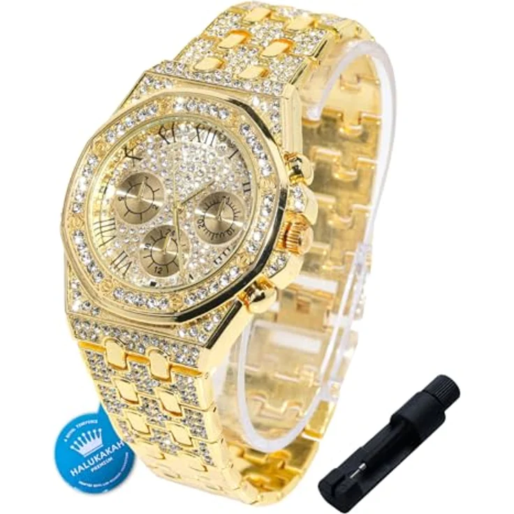 Halukakah Diamanten Gold Uhr für Jungen, Teenager und Kinder - 18K Echtgold platiniert, 40mm Achteck-Zifferblatt mit Römischen Zahlen, Japanisches Quarzwerk, 20cm Länge, inklusive Uhrenanpassungswerkzeug – Bild 1