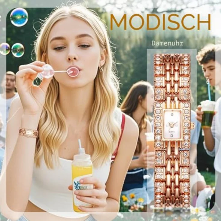 JewelryWe Rechteckige Damenuhr mit vollbesetztem Diamantdesign, analoges Quarzwerk, rosegoldenes Metallarmband, ultradünn, luxuriös und elegant – Bild 4