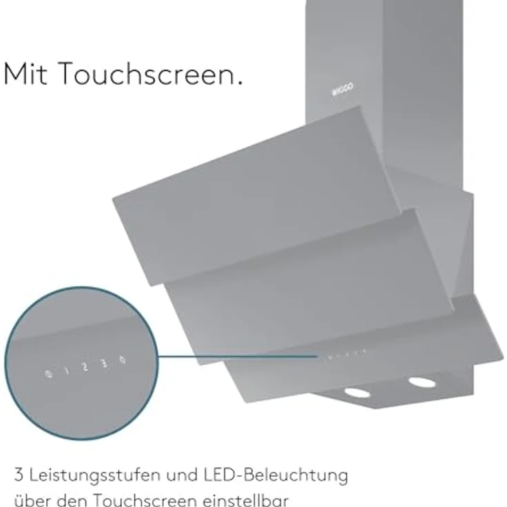 Wiggo B643 Dunstabzugshaube 60cm kopffrei I Abluft Umluft Dunstabzug 615m³/h - Touch-Display 4 Stufen I Energieeffizienzklasse B Schräghaube inkl. 2x Kohlefilter I Abzugshaube Glasfront grau – Bild 4