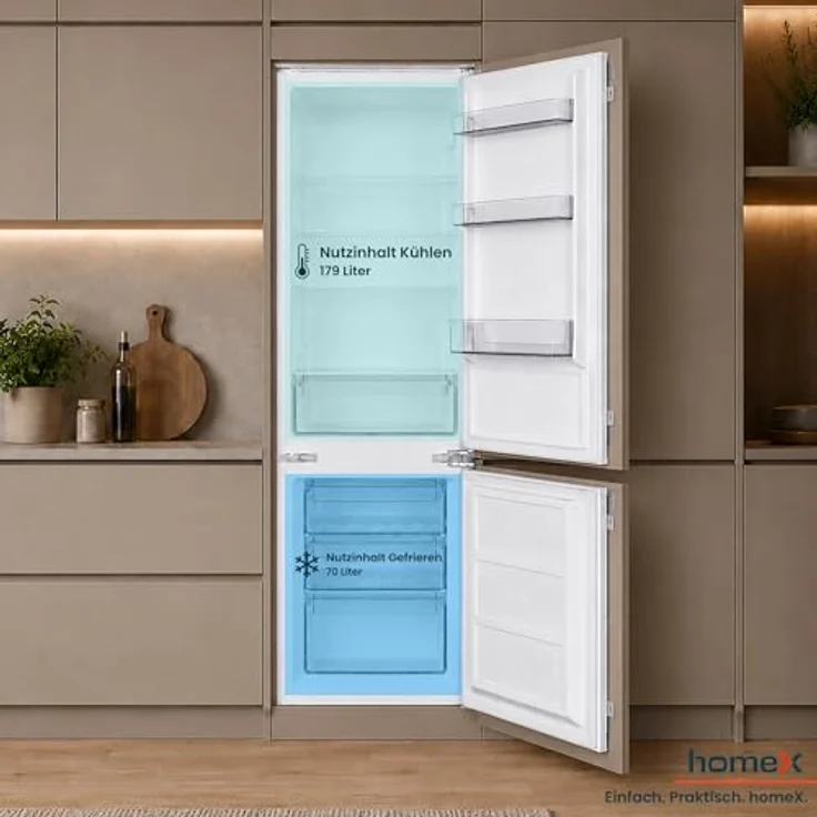 homeX CFB2491E Einbaukühlschrank mit Gefrierfach, 249 Liter, Schlepptür, 178 cm Nische, Energieeffizienzklasse E, leise mit 39 dB – Bild 5