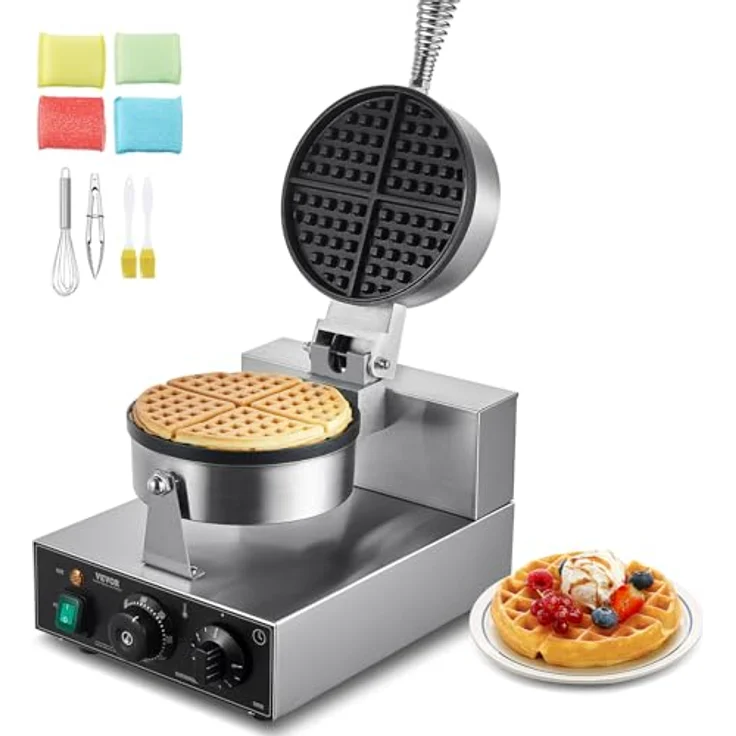 VEVOR kommerzielles Waffeleisen 1230 W mit antihaftbeschichteten Backflächen, aus Edelstahl, Temperatur- und Zeitregelung, für Restaurant Bäckerei, 4 Fächerförmige Waffeln – Bild 1