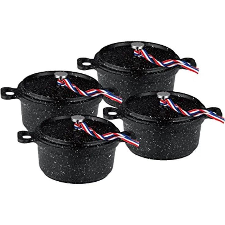 Kamberg – 0008199 – Set aus 4 Minischmortöpfen mit 12 cm Durchmesser, rund, schwarz – Aluminiumguss – Beschichtung in Steinoptik – Für alle Herdarten, auch Induktion – PFOA‑frei
