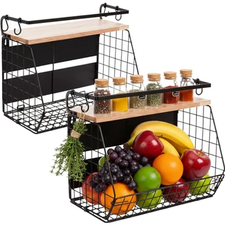 Relaxdays Obstkorb Wandregal 2er Set, magnetischer Küchenorganizer aus Metall, HBT: 30x35,5x21 cm, schwarz/Natur mit 4 Haken für Küchenutensilien