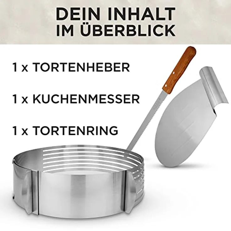LAVUR Tortenring-Set, Backform im 3er Set mit verstellbarem Tortenring (23-30cm), Konditormesser und Tortenretter, spülmaschinenfest, für 8 gleichmäßige Böden – Bild 4