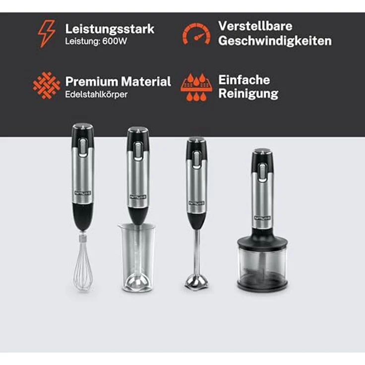Muse StabmixerSet MS05 HB, 600 Watt Stabmixer mit Mixstab und Schlagscheibe, Edelstahl Schwarz, 500-600 ml – Bild 2