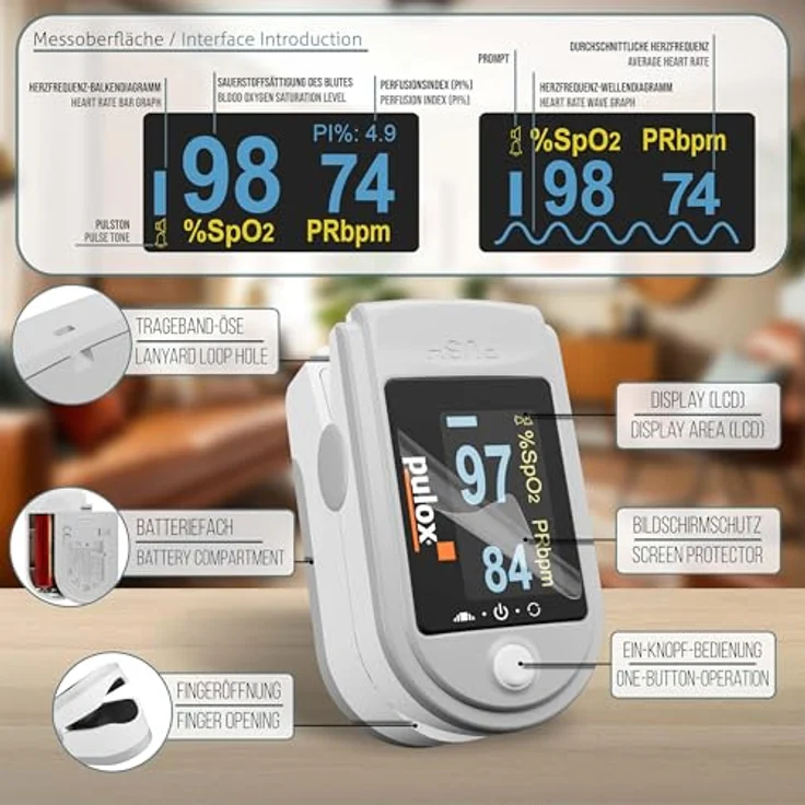 PULOX Pulsoximeter PO-200A Solo mit Alarm und Pulston, Grau, zur Messung von Puls, Sauerstoffsättigung und PI am Finger – Bild 2