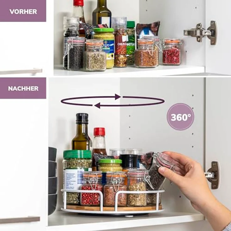 eluno Drehteller aus Metall mit Bambusboden Ø ca. 25 cm, drehbares Gewürzregal, Lazy Susan Schrankorganizer, Badorganizer (Weiß) – Bild 2