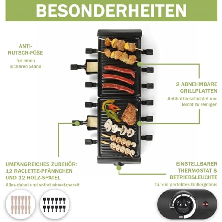 bmf-versand® Raclette Grill 12 Personen XXL - Tischgrill Elektrisch Groß abnehmbare Platten leichte Reinigung - Elektrogrill mit Thermostat Pfännchen antihaftbeschichtet Spachtel 1800 Watt – Bild 5