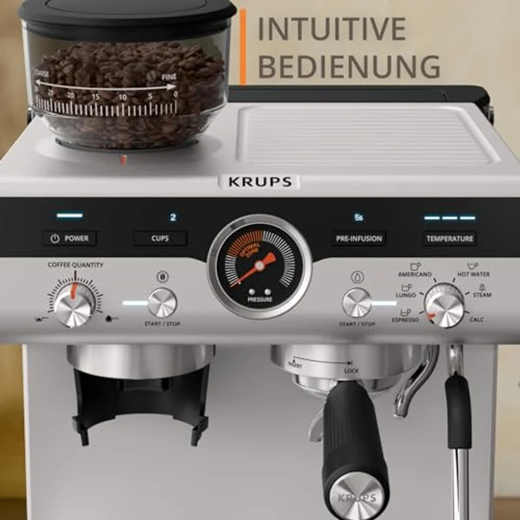 Krups Siebträgermaschine Precision, mit Edelstahl-Mahlwerk, intuitiver Bedienfläche, Pre-Infusion-Einstellungen, Schwarz – Bild 5