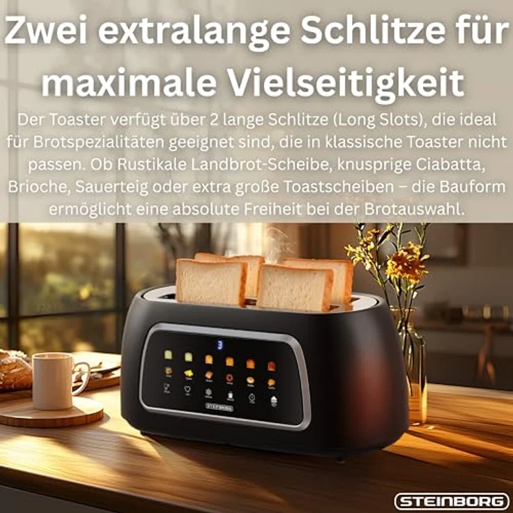 Steinborg® Automatik Toaster ST-4000, 4-Scheiben Edelstahl mit Touchscreen, Brötchenaufsatz, digitale Restzeitanzeige und Automatische Liftfunktion – Bild 3