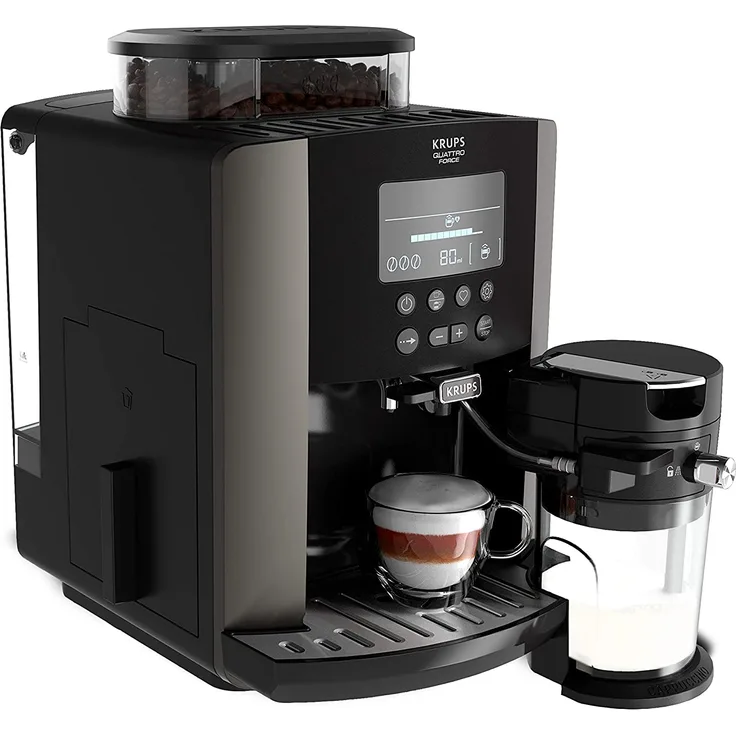 Krups EA819E Arabica Latte Quattro Force Kaffeevollautomat (1450 Watt, Wassertankkapazität: 1,7 Liter, Pumpendruck: 15 bar, LCD-Display) Platin-schwarz, mit Milchsystem