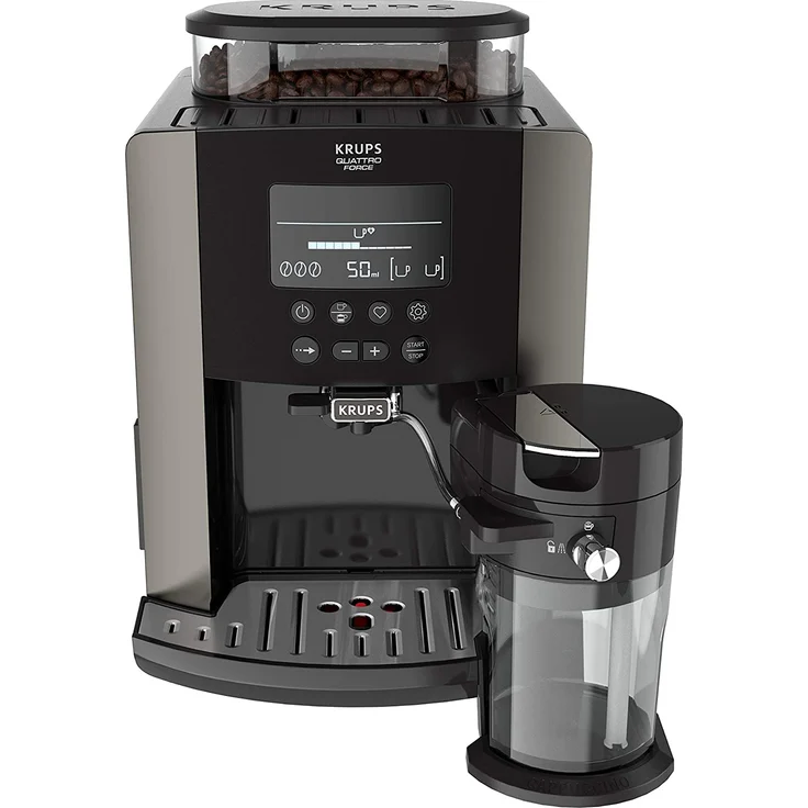 Krups EA819E Arabica Latte Quattro Force Kaffeevollautomat (1450 Watt, Wassertankkapazität: 1,7 Liter, Pumpendruck: 15 bar, LCD-Display) Platin-schwarz, mit Milchsystem – Bild 2