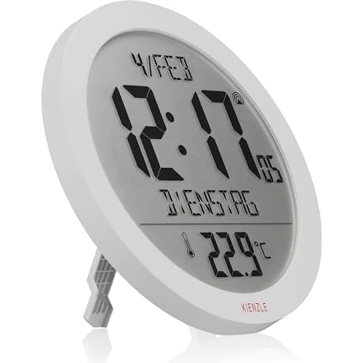 Kienzle Funkwanduhr Tischuhr mit 18,7 cm Display, DCF-Zeit, Datum und Temperaturanzeige, 2 Weckzeiten, Schlummerfunktion, weiß – Bild 3
