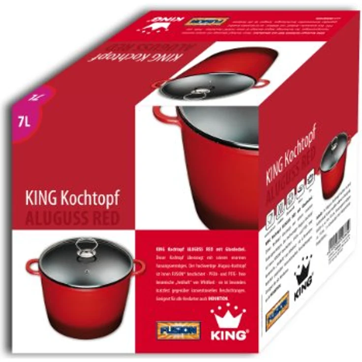 King Aluguss Bräter/Kochtopf rot mit Glasdeckel Ø ca. 24x18 cm, 7 Liter Fusion beschichtet leichtes Braten und Kochen – Bild 2