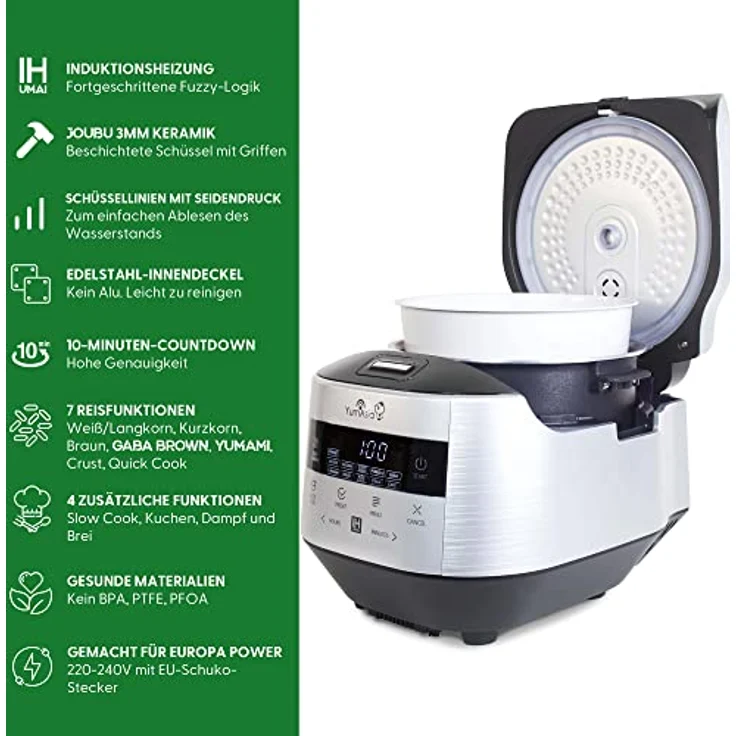 Yum Asia Bamboo Reiskocher mit Induktionsheizung (IH) und Keramikschale, (8 Tassen, 1,5 Liter), 7 Reiskochfunktionen, 4 Multikocherfunktionen, Motouch LED-Anzeige, 220-240V EU, Silbermetallic – Bild 3