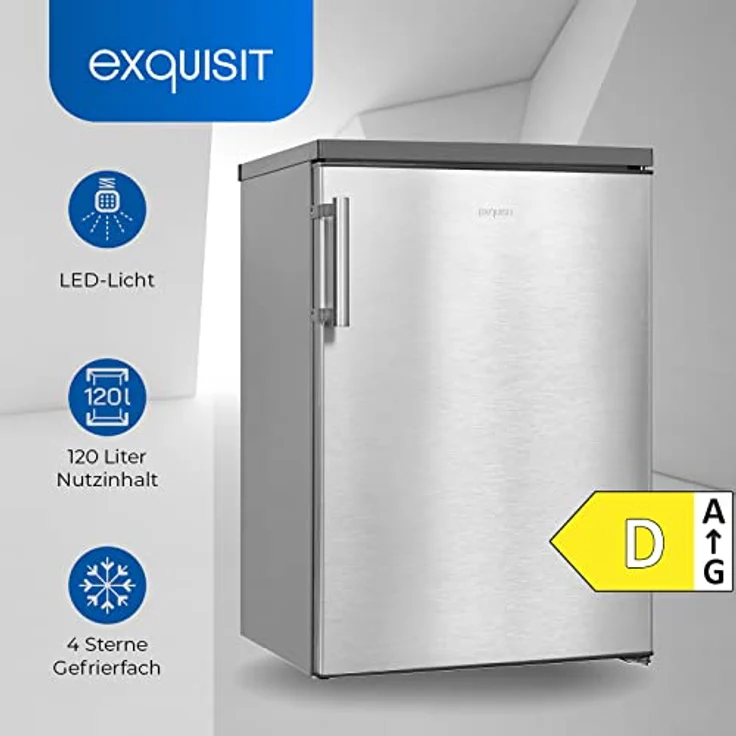 Exquisit Kühlschrank KS16-4-H-010D inoxlook | Kühlschrank mit Gefrierfach freistehend | 120 l Volumen | 4 Sterne Gefrieren | LED-Licht | 55 cm Breite – Bild 2
