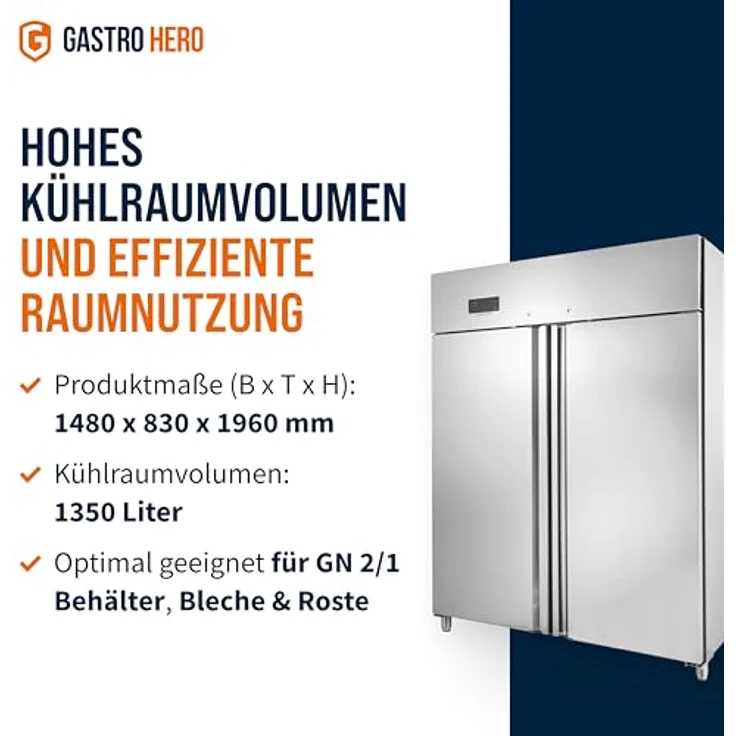 GASTROHERO Kühlschrank ECO 1400 GN 2/1 Monoblock, 1350 Liter Volumen, 6 verstellbare Einlegeböden, Edelstahl, digitale Temperaturkontrolle, Umluftkühlung – Bild 2