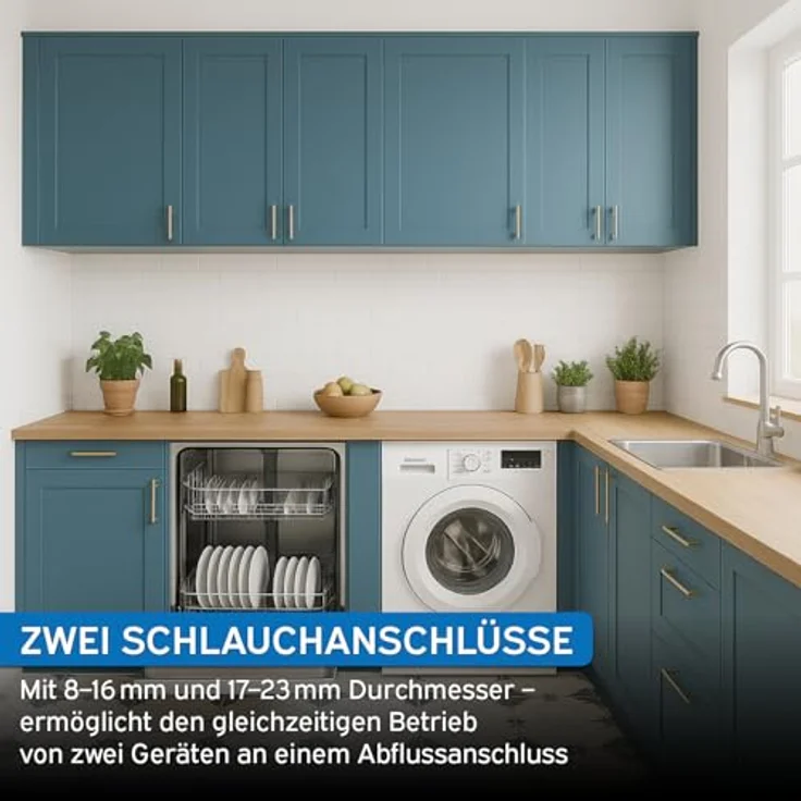kör4u Doppelanschluss DN40/32, Siphonanschluss mit Rückschlagklappen für Waschmaschine und Geschirrspüler, zwei Schlauchanschlüsse 8-23 mm – Bild 4