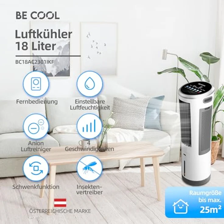 BE CooL BC18AC2301IKF Luftkühler mit Ionisator, 20L Wassertank und Fernbedienung für Räume bis 25 m² – Bild 2