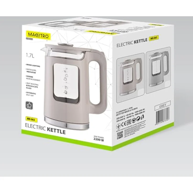 Maestro MR-065, Elektrischer Glas-Wasserkocher 1,7l, 2200W, grau, mit Wasserstandsanzeige und LED-Beleuchtung – Bild 5