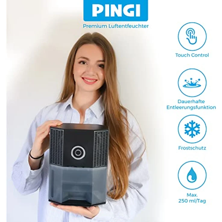 Pingi Vida2 Luftentfeuchter, inkl. Wandhalterung, bis 30 m², 18 W, 1 L Volumen, Tankbeleuchtung, Nachtmodus, Schwarz (CXTV-N1000EU) – Bild 2